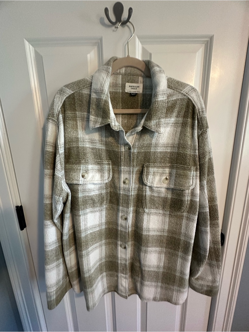 American Eagle Outfitters Olive & White Plaid Flannel Shacket